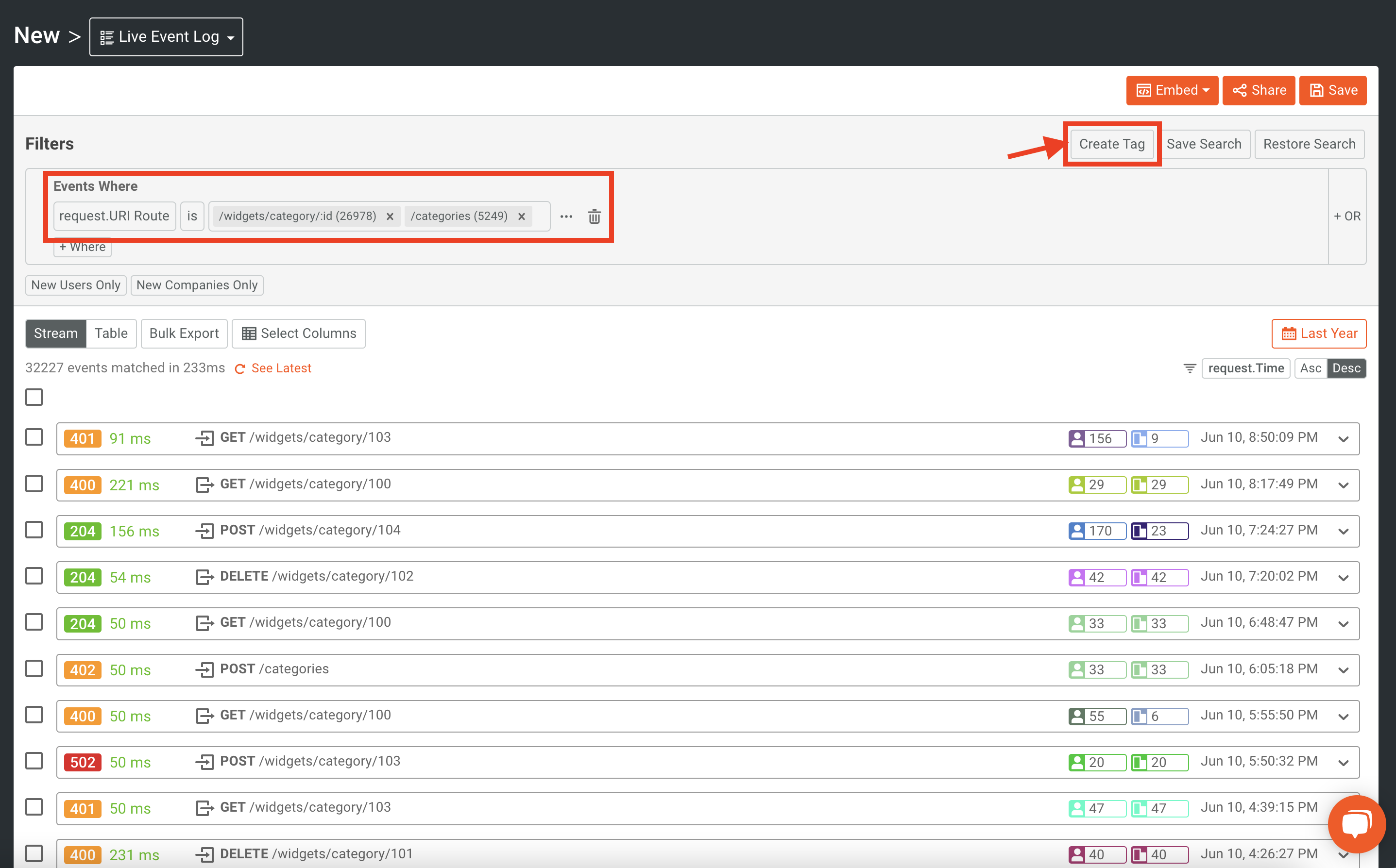 Adding a filter to Moesif and highlighting the Create Tag button