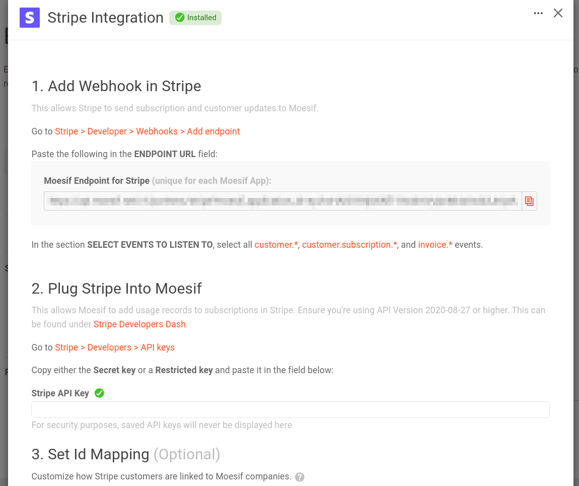 Stripe Integration dialog in Moesif