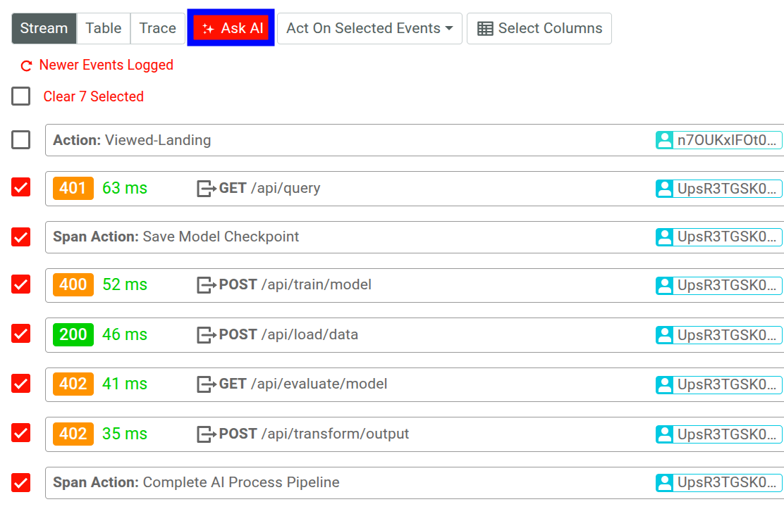 Ask AI button in Live Event Log workspace