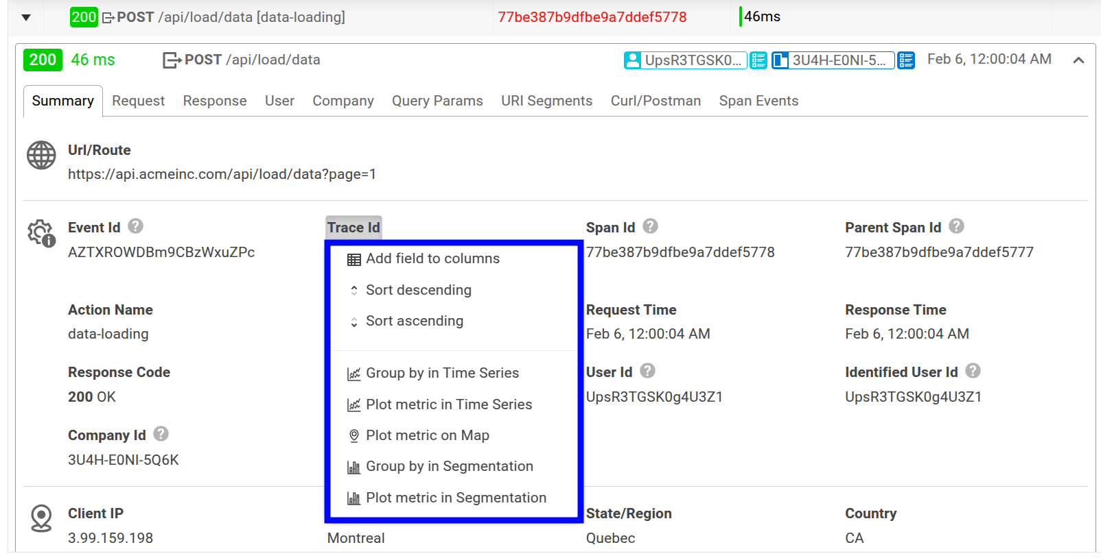 Context menu for a data field in Trace View's detailed view