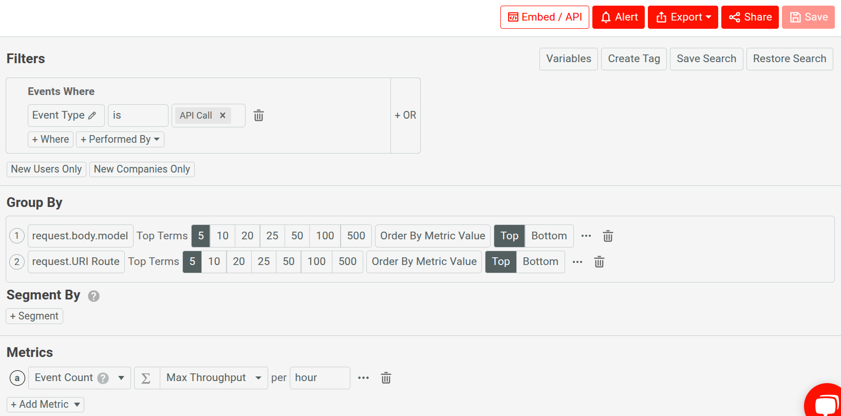 Filters, groups, and metrics for throughput analysis.