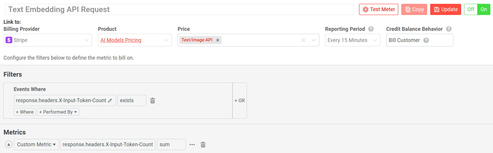 Settings of a billing meter for an AI product.