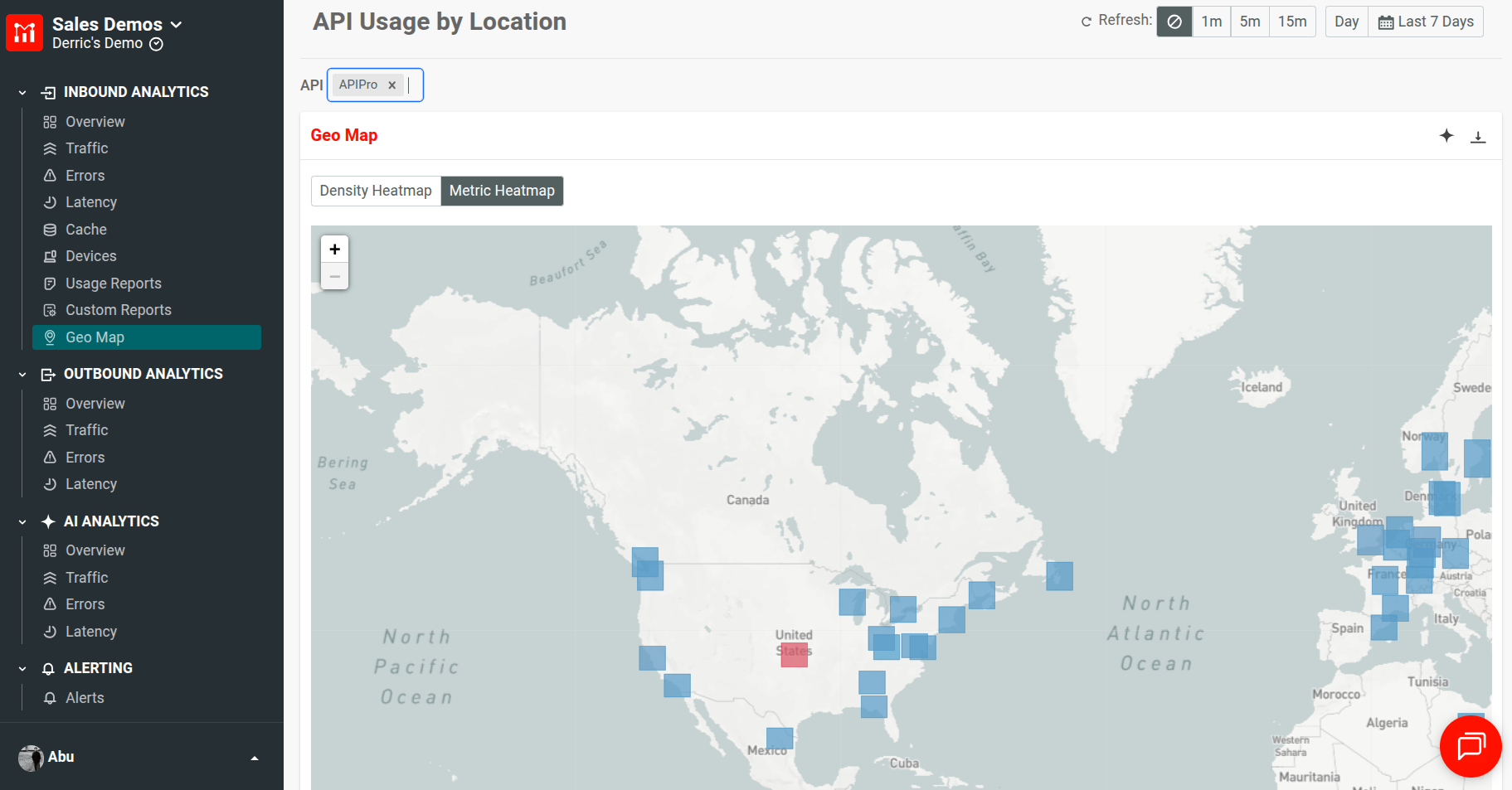 Visualizing API usage by location in Moesif Basic Insights. 'Geo Map' panel in Moesif Basic Insights.
