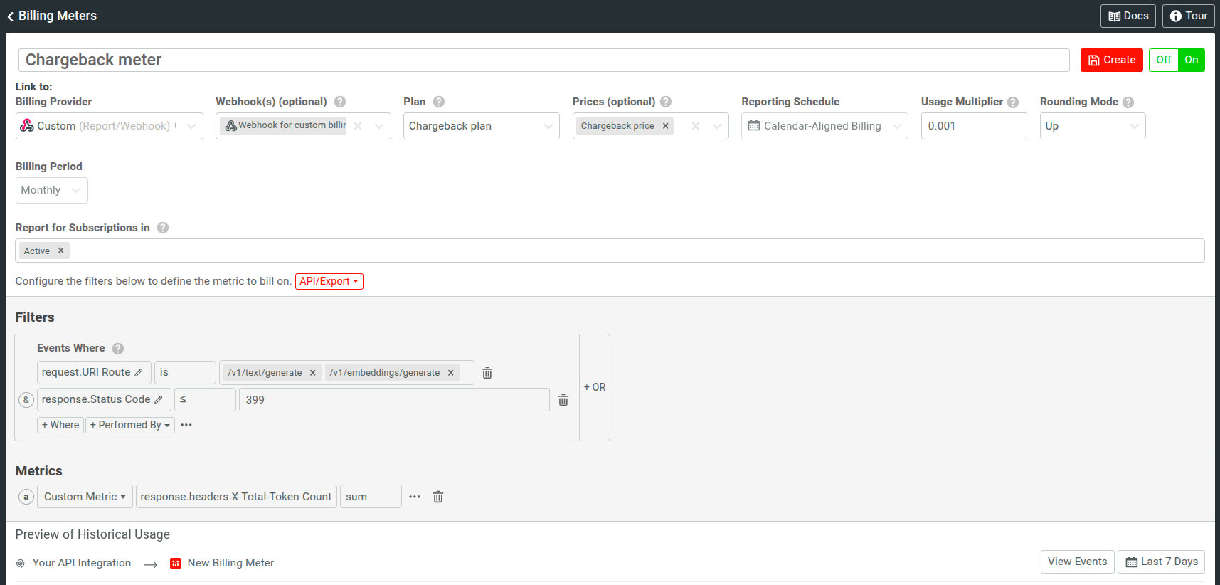 A billing meter in Moesif that connects with a custom billing provider to track and meter internal chargebacks. An example billing meter in Moesif that tracks and meters usage of AI text and embeddings generation.