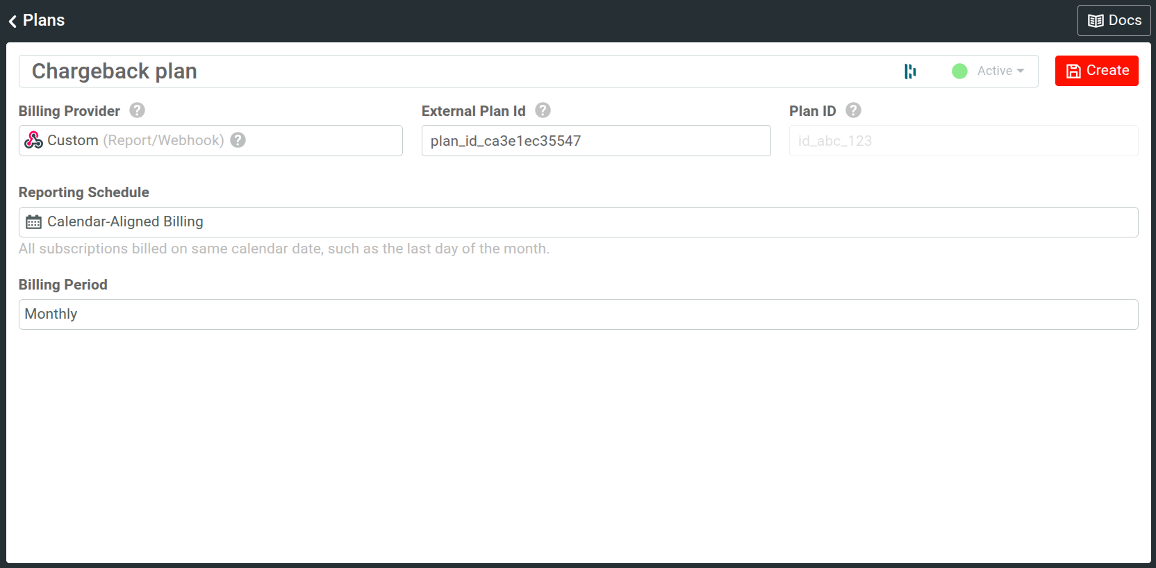 A simple chargeback plan in Moesif Product Catalog. An example chargeback plan in Moesif.