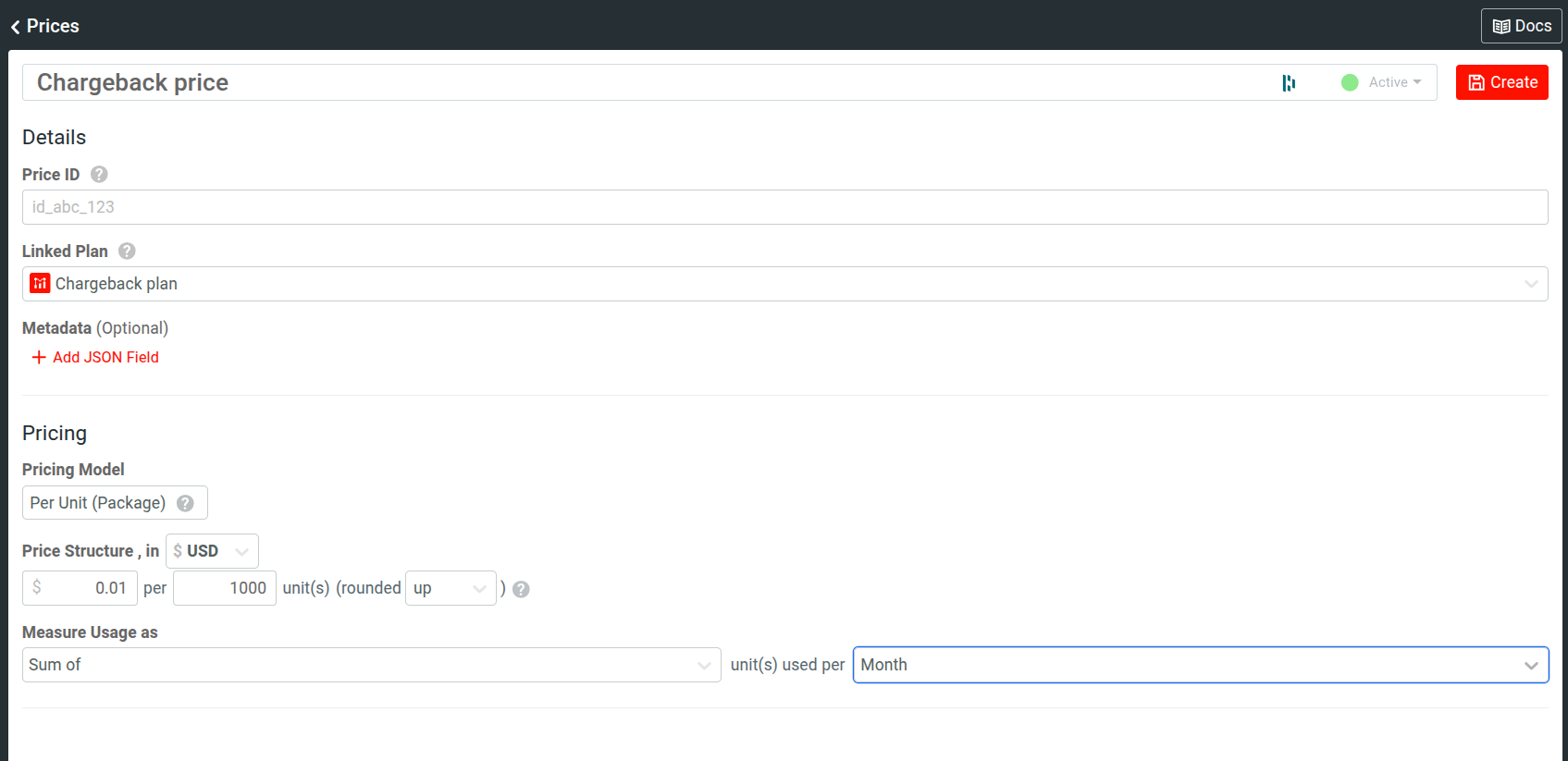 A simple chargeback price in Moesif Product Catalog. An example chargeback price in Moesif.