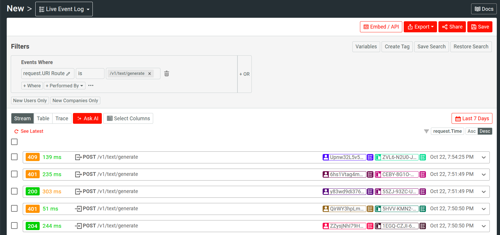 A Live Event Log in Moesif showing real-time API events fro a GenAI API. A Live Event Log in Moesif showing real-time API events.