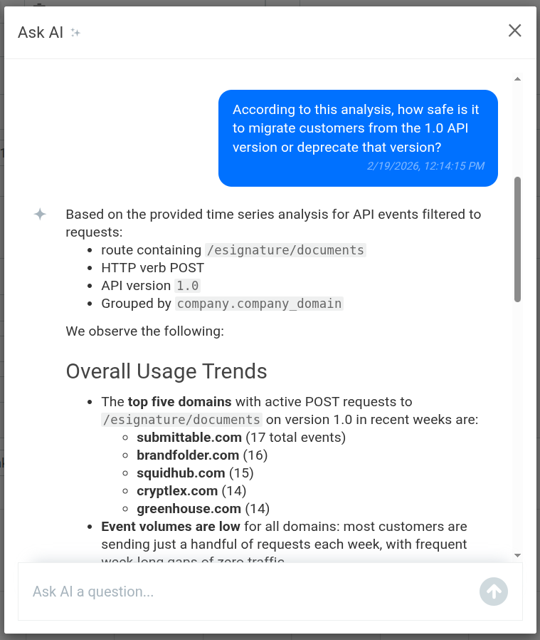 Leveraging AI Explain to make better, fast API strategy decisions. Asking AI Explain in Moesif to understand whether or not to deprecate an API version and migration of existing customers.
