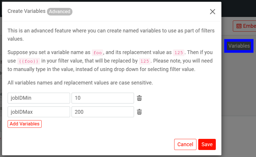 Accessing named variables dialog by selecting 'Variables' in an API analytics workspace. Accessing named variables.