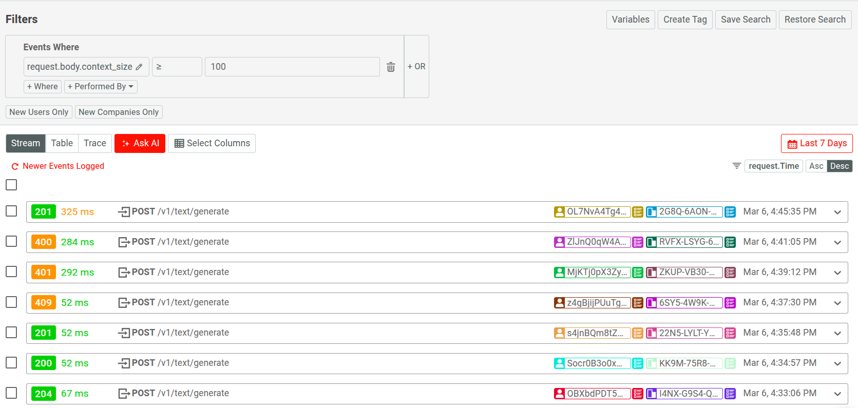 Filtering events based on an HTTP body field to view events with large context size in an AI API.