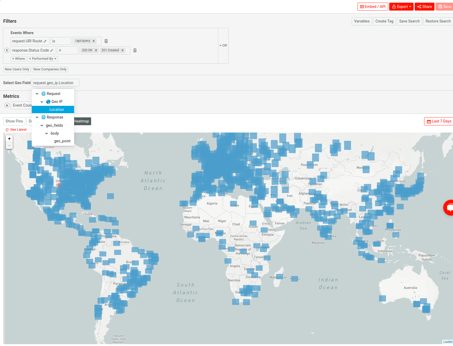 Selecting a GeoJSON field in a Heatmap workspace. Selecting a GeoJSON field in Moesif.