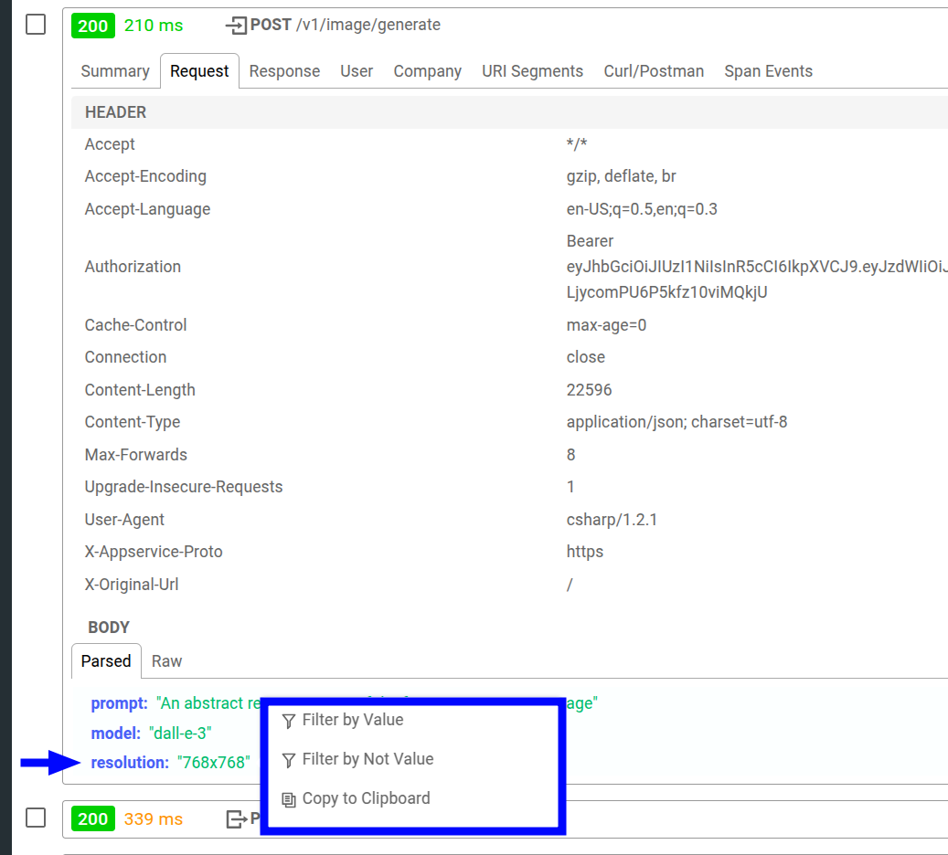 Choosing a filter by selecting a HTTP body field key or value of a particular event in a Live Event Log.