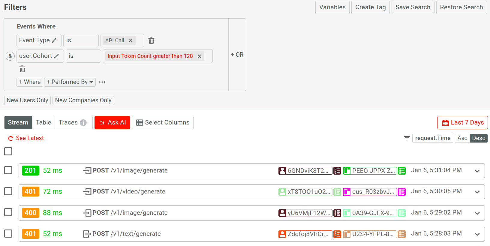 Viewing API calls for customers exceeding specific input token count amount in a Live Event Log chart.