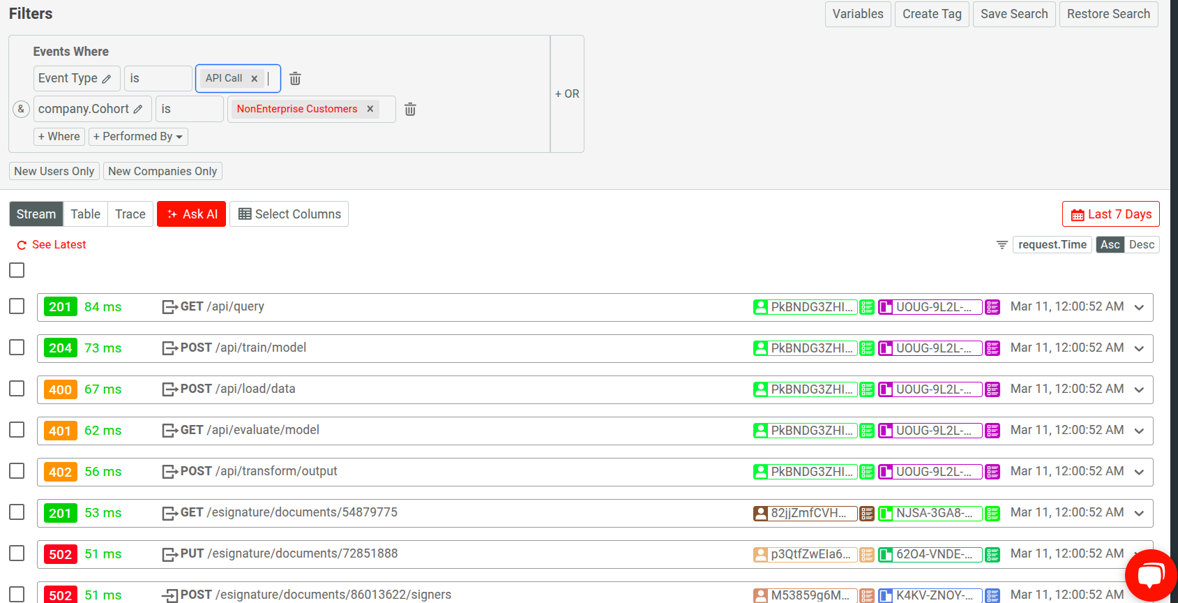 Viewing API calls for only non-enterprise customers a Live Event Log chart.