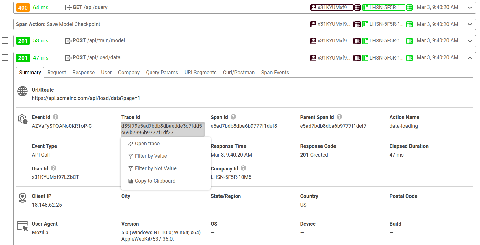 Opening trace details for a particular event in a Live Event Log chart by selecting the trace ID value and then selecting 'Open trace' from the context menu.
