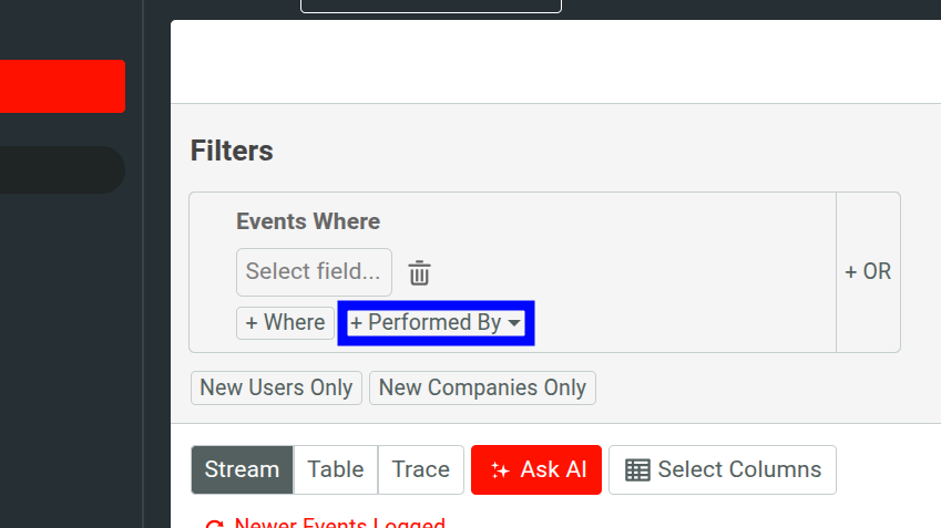 'Performed By' menu in a Live Event Log chart