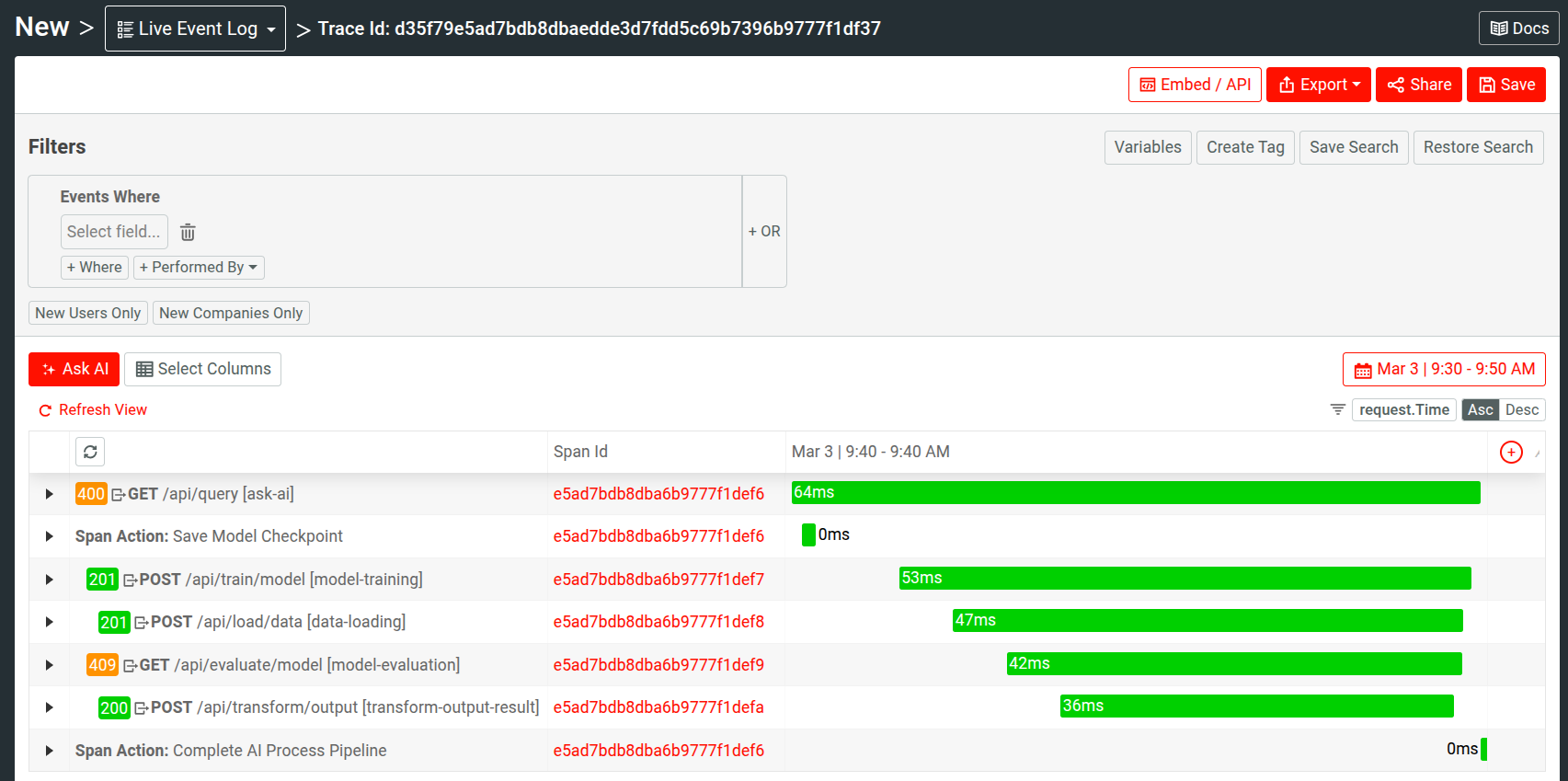 Trace details for a particular event in a Live Event Log chart showing the spans that the trace consists of.