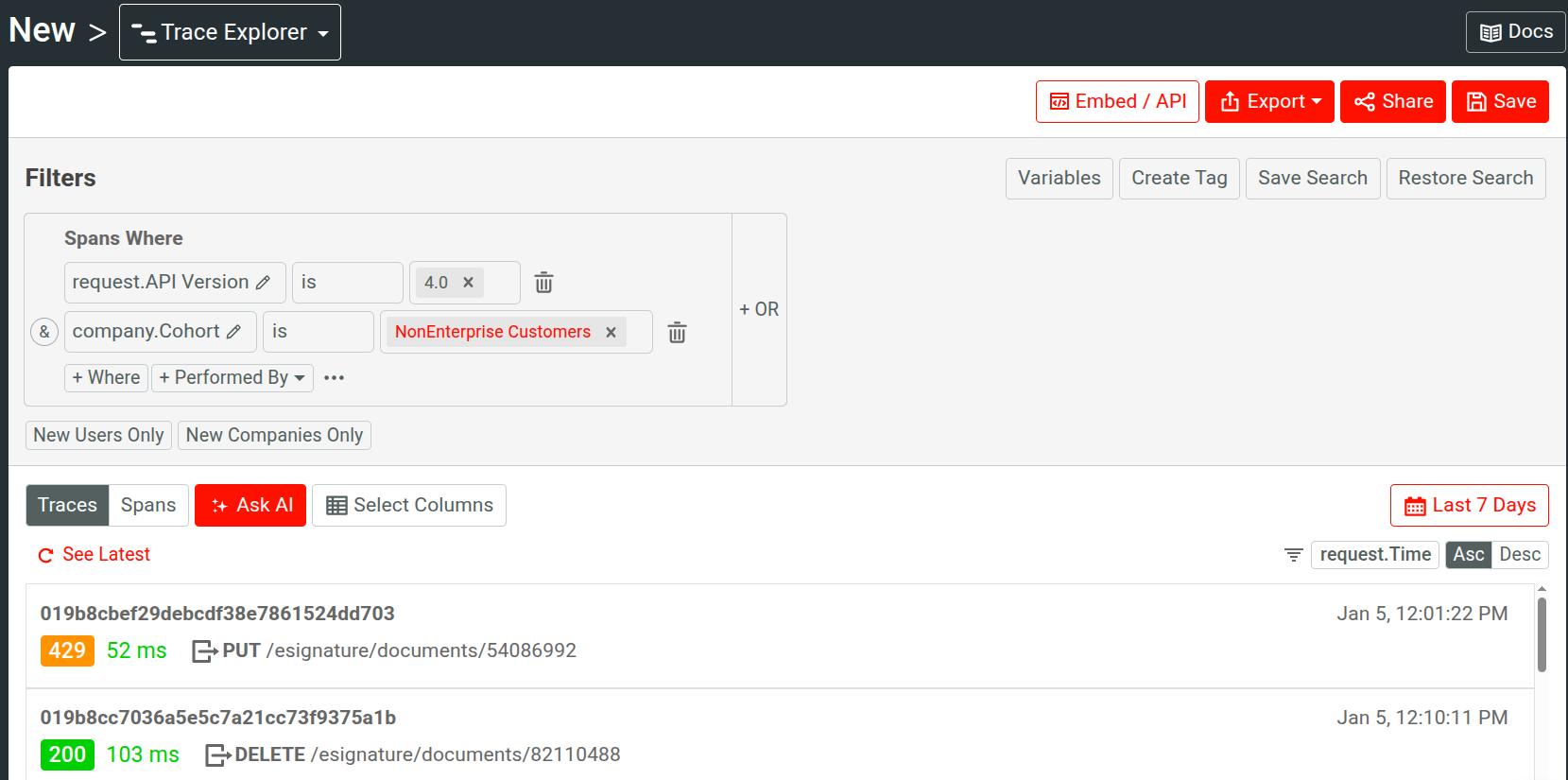 Viewing trace data by specific cohorts. Viewing traces relating to only non-enterprise customers using a specific API version.