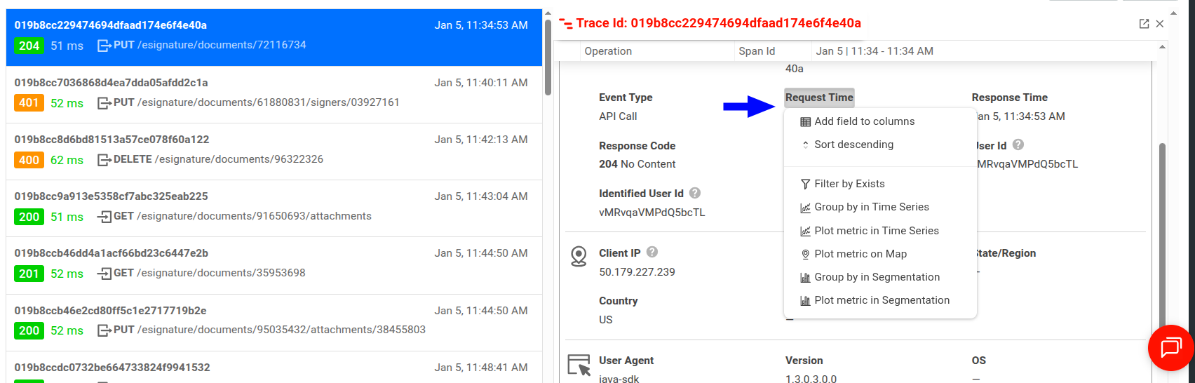 Performing further actions and accessing more information about individual trace data fields. Interacting with a data field for more information and actions in Trace Explorer