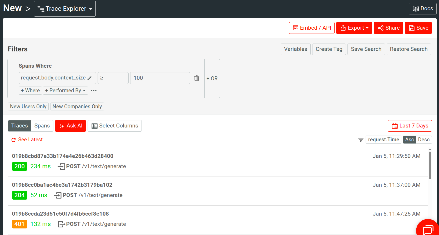 Analyzing trace data by filtering on HTTP payloads. Filtering events based on an HTTP body field to view traces for events with large context size in an AI API.
