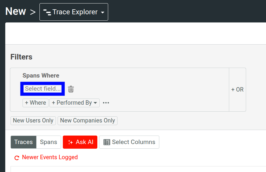 Refining Trace Explorer data by defining filters. Accessing filters in Trace Explorer