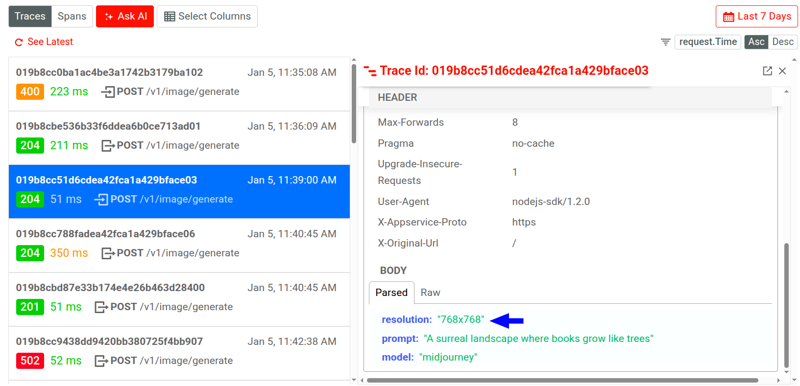 Observing trace data for image generation requests with a specific resolution. Choosing a filter by selecting an HTTP body field key or value of a particular event