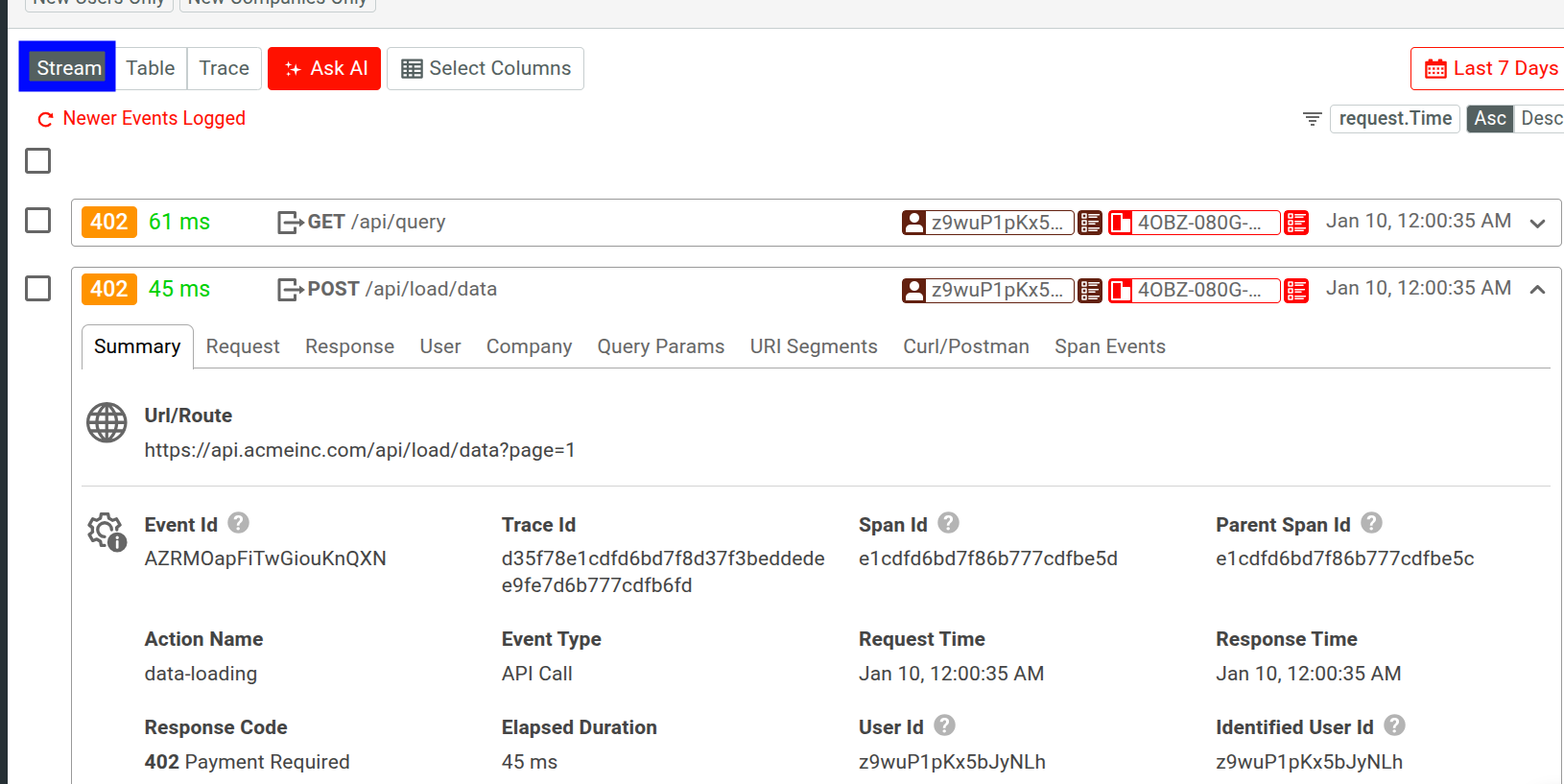 Expanding an event in a Live Event Log chart