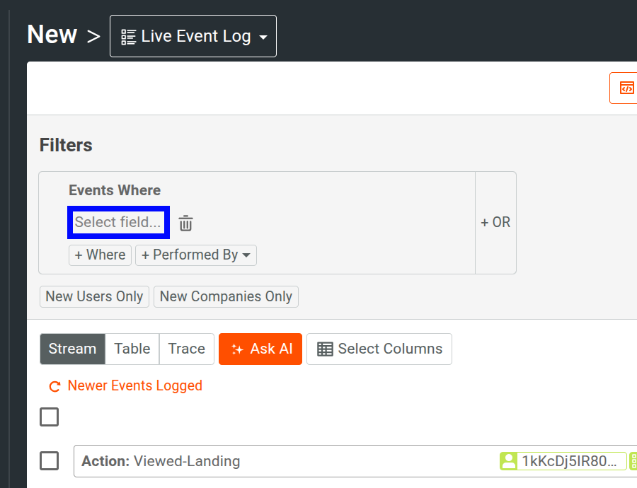 Accessing filters in a Live Event Log chart