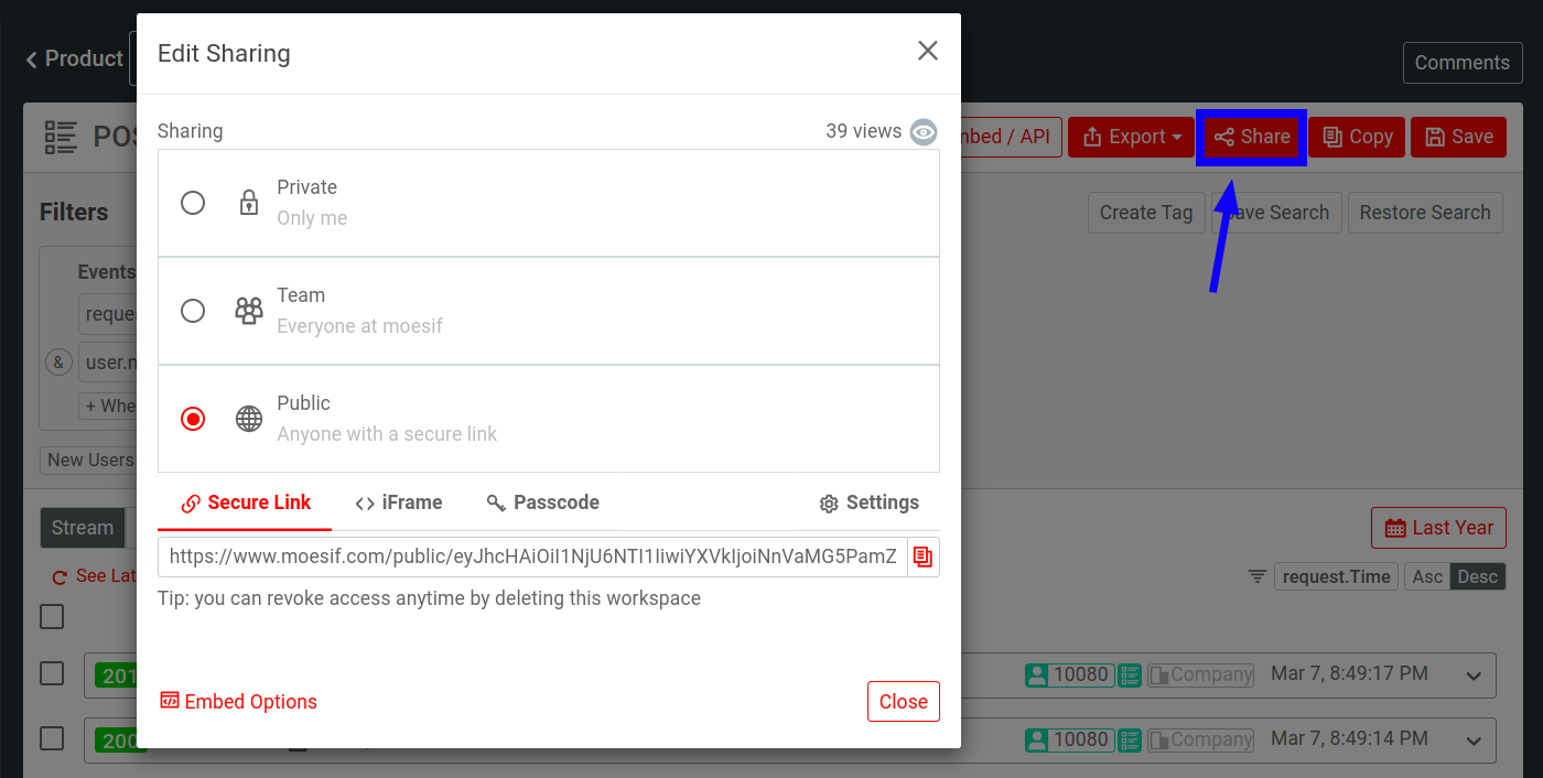'Selecting share and generating sharable links for a workspace