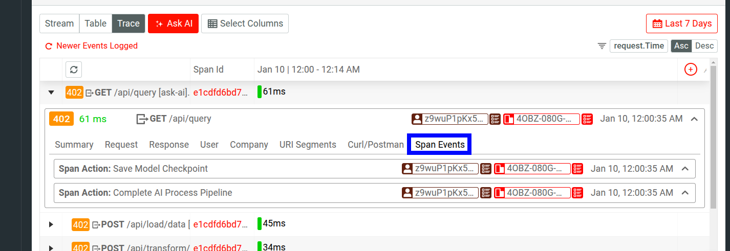 Span Events tab for a span in a Live Event Log workspace