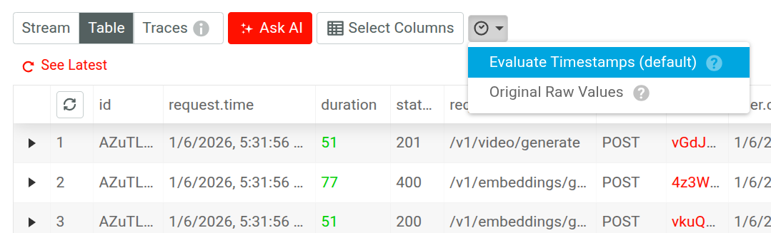 Selecting timestamp values in a Live Event Log table view