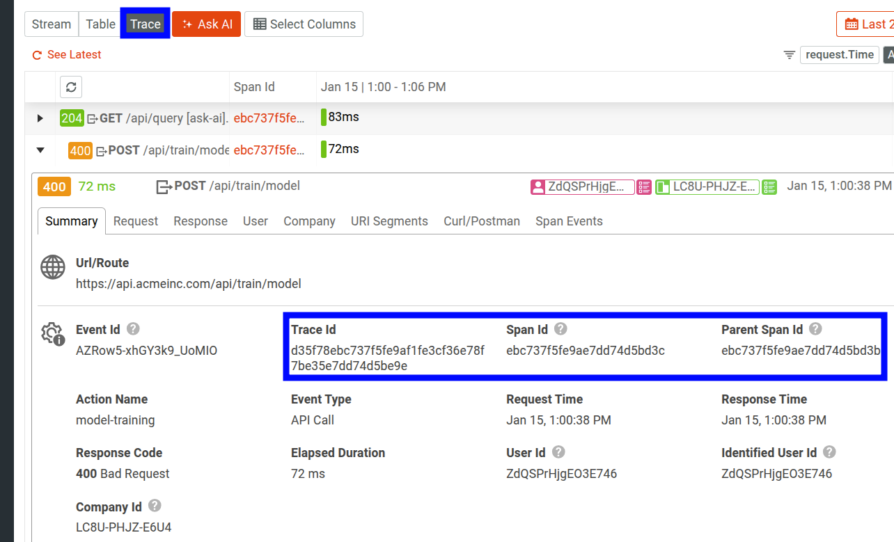 Trace view a Live Event Log workspace showing trace and log data from OpenTelemetry