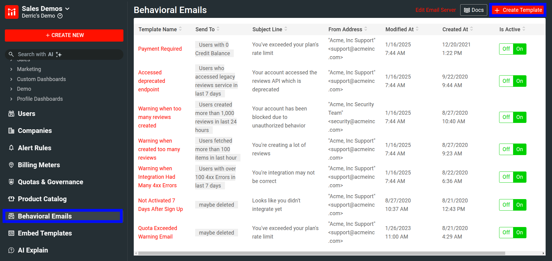 Selecting Behavioral Emails menu item and then Create Template.