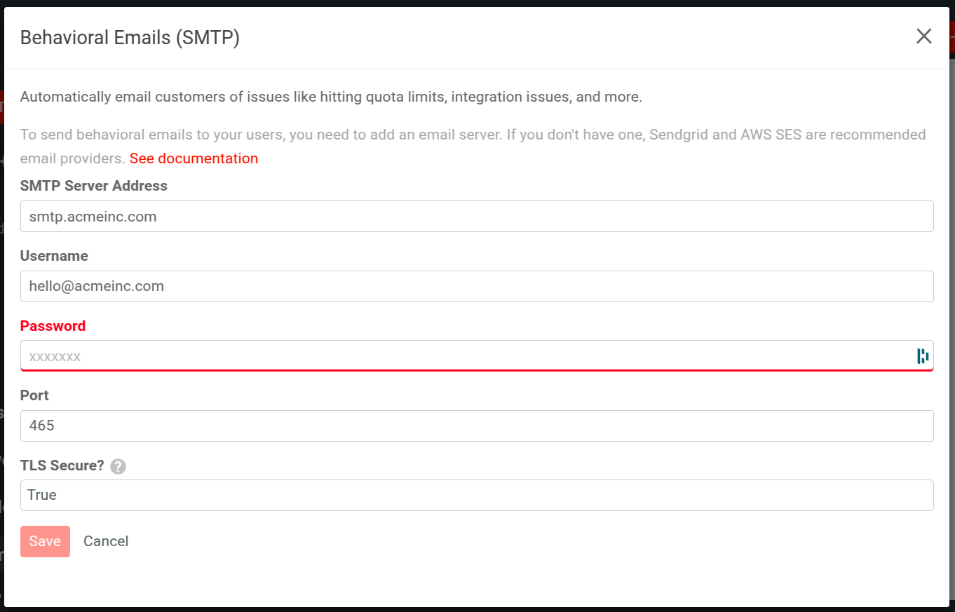 Dialog to configure SMTP settings