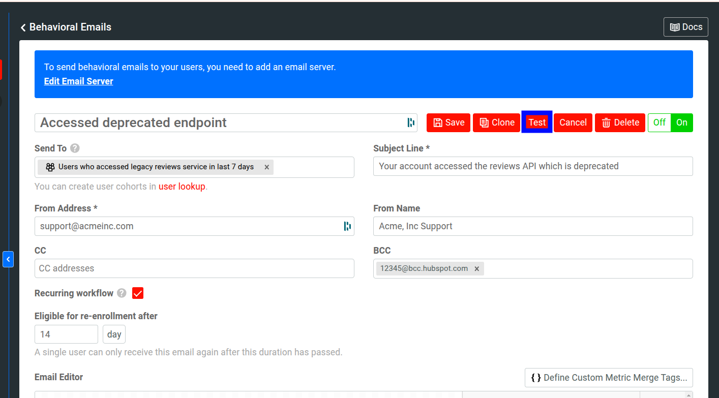 Dialog to configure SMTP settings