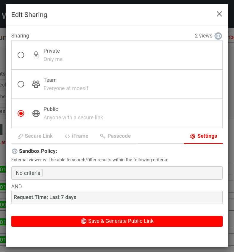Edit Sharing window for a workspace