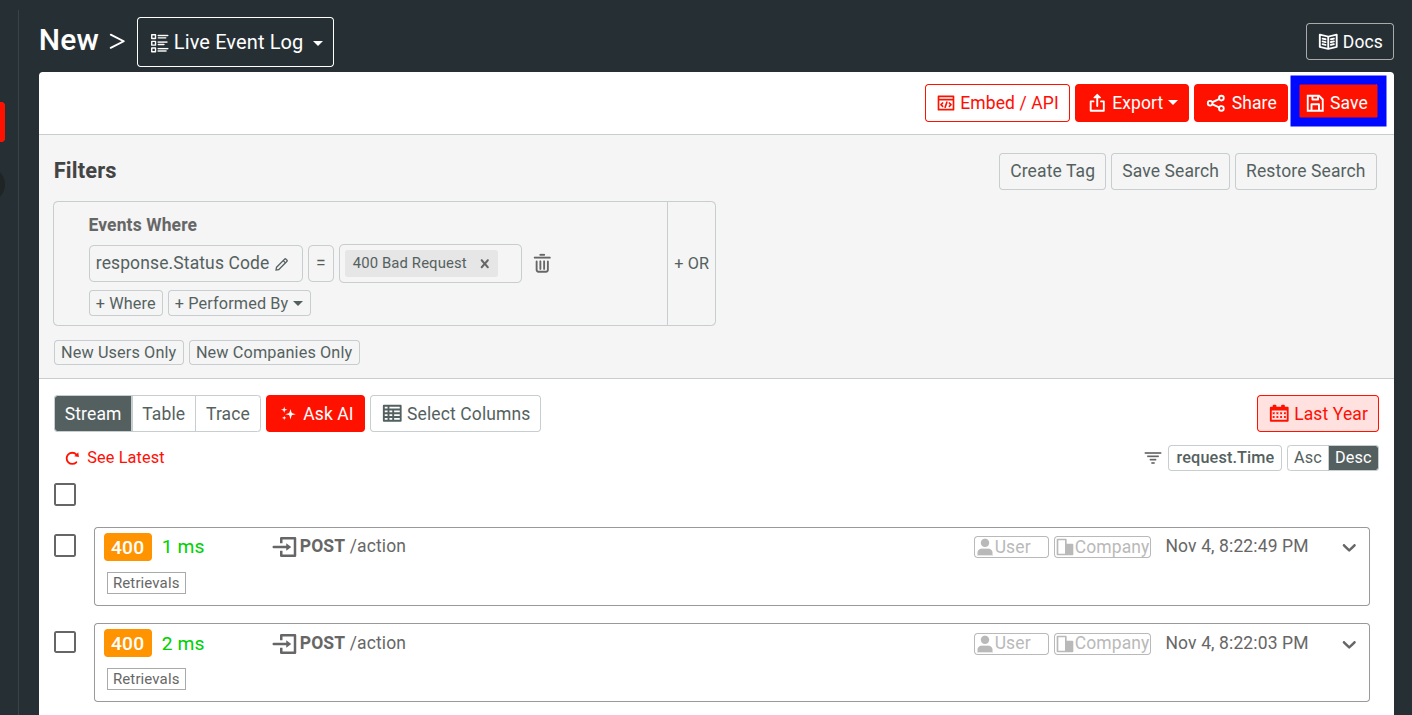 Save Event For Company Dashboard