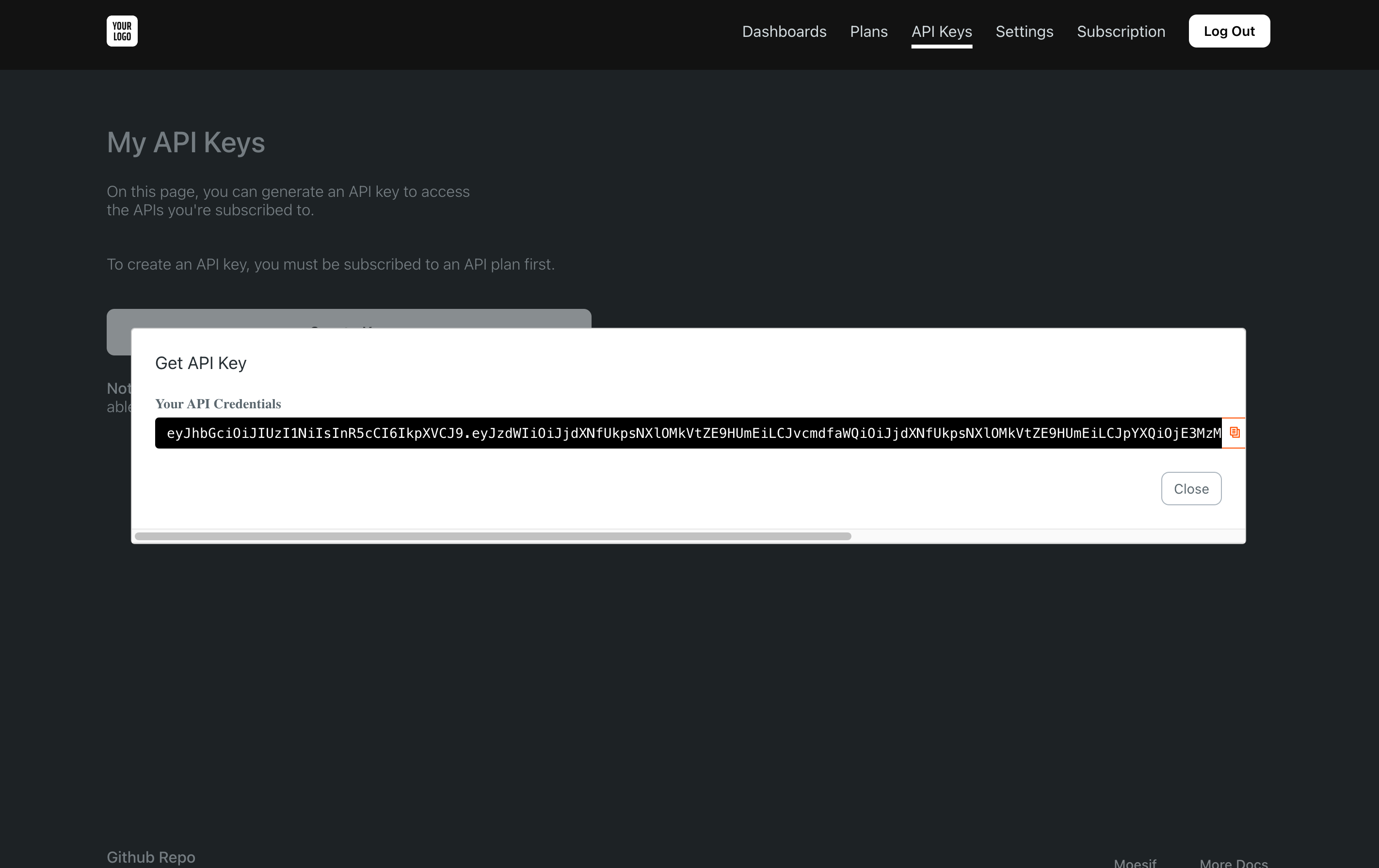Plans page in the Developer Portal showing API key provisioned