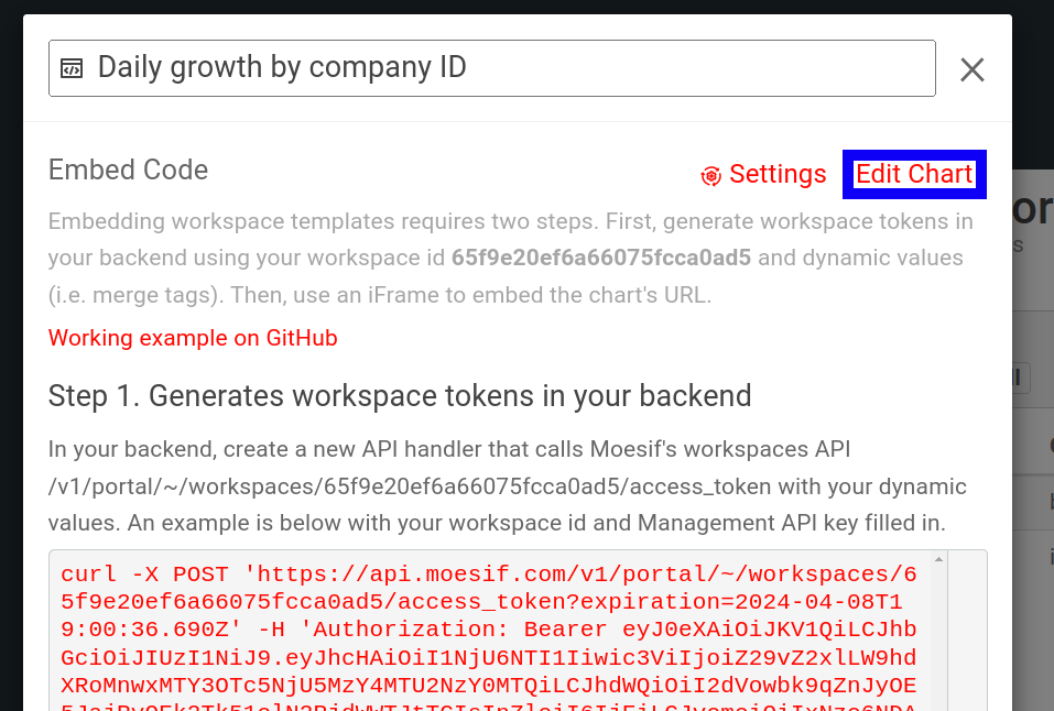 Editing a chart for an embedded template