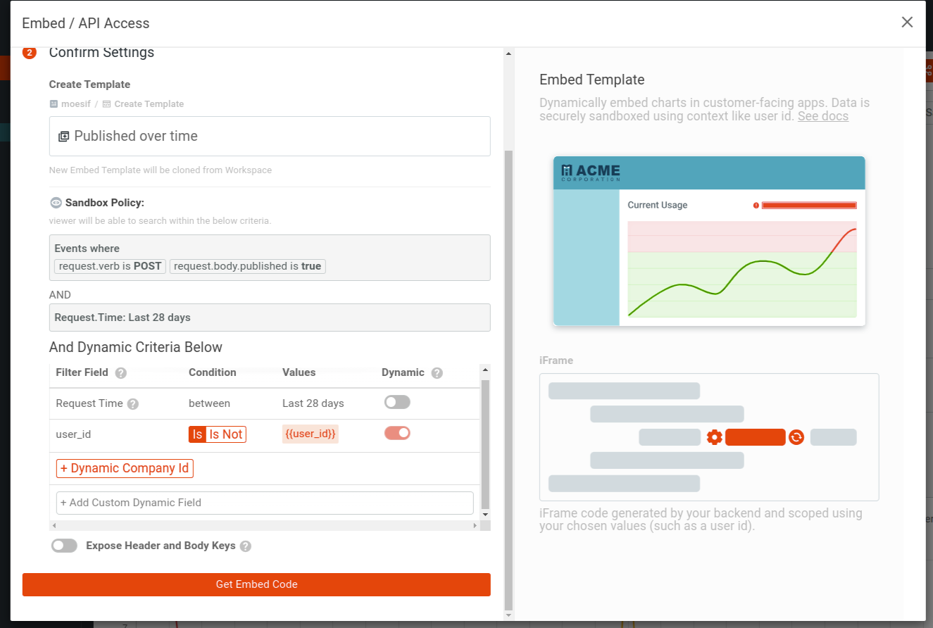 Confirming settings for the Embed Template integration type