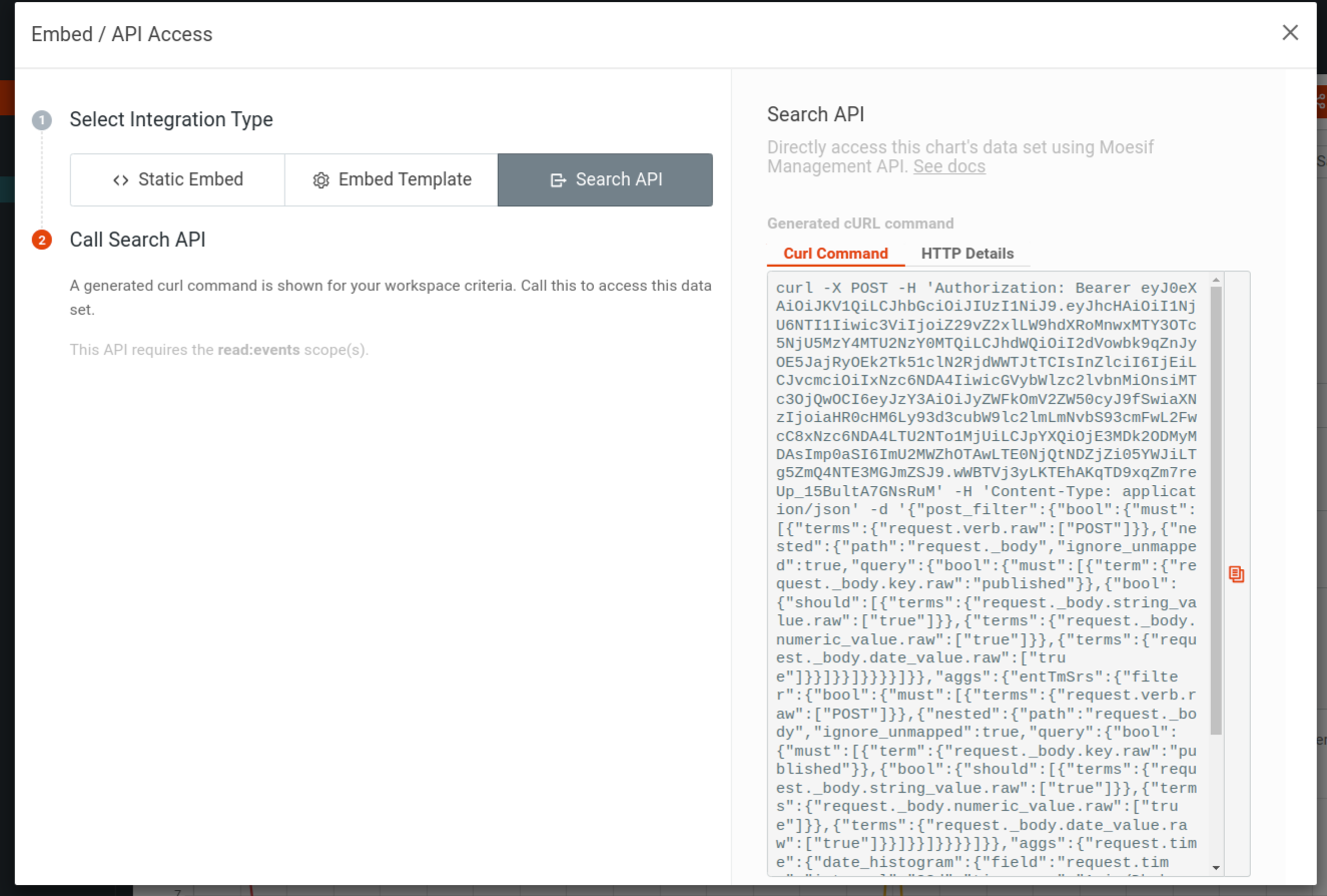 The Search API integration type and the the details it generates like the cURL command and HTTP details