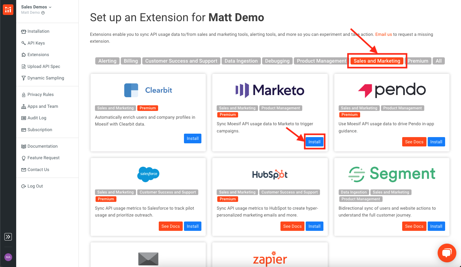 Marketo install button in Moesif