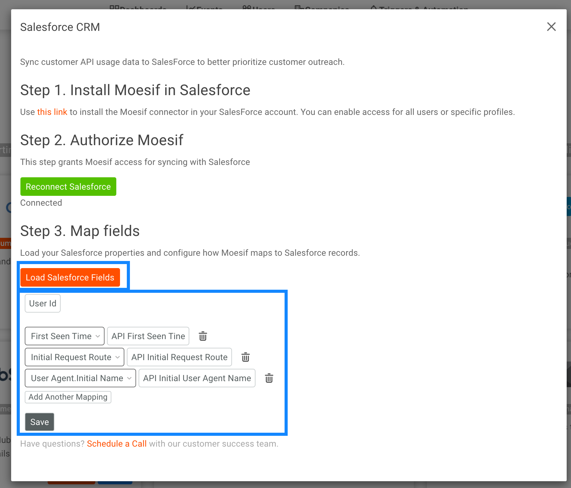 Map Moesif fields to SalesForce Contact Records