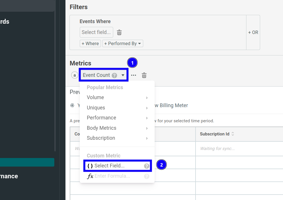 Opening the Metrics dropdown menu in a Billing Meters Metrics pane