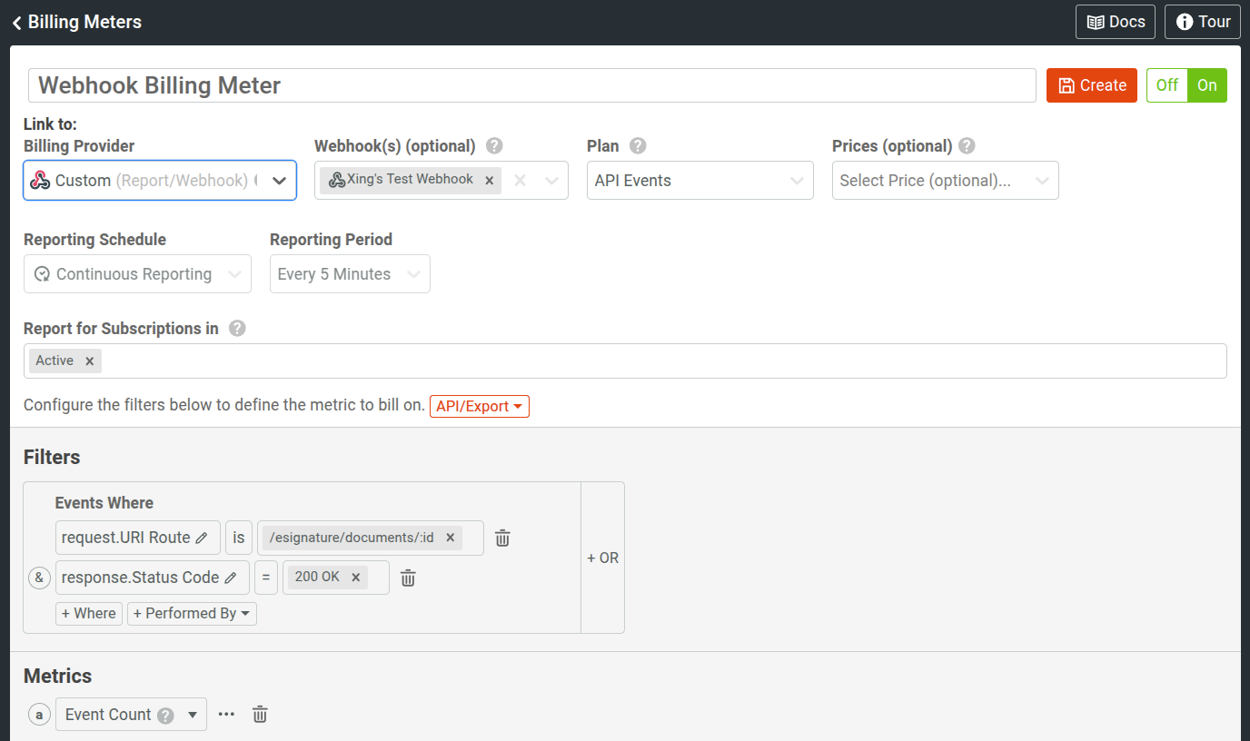 Example of a billing meter with a Webhook destination