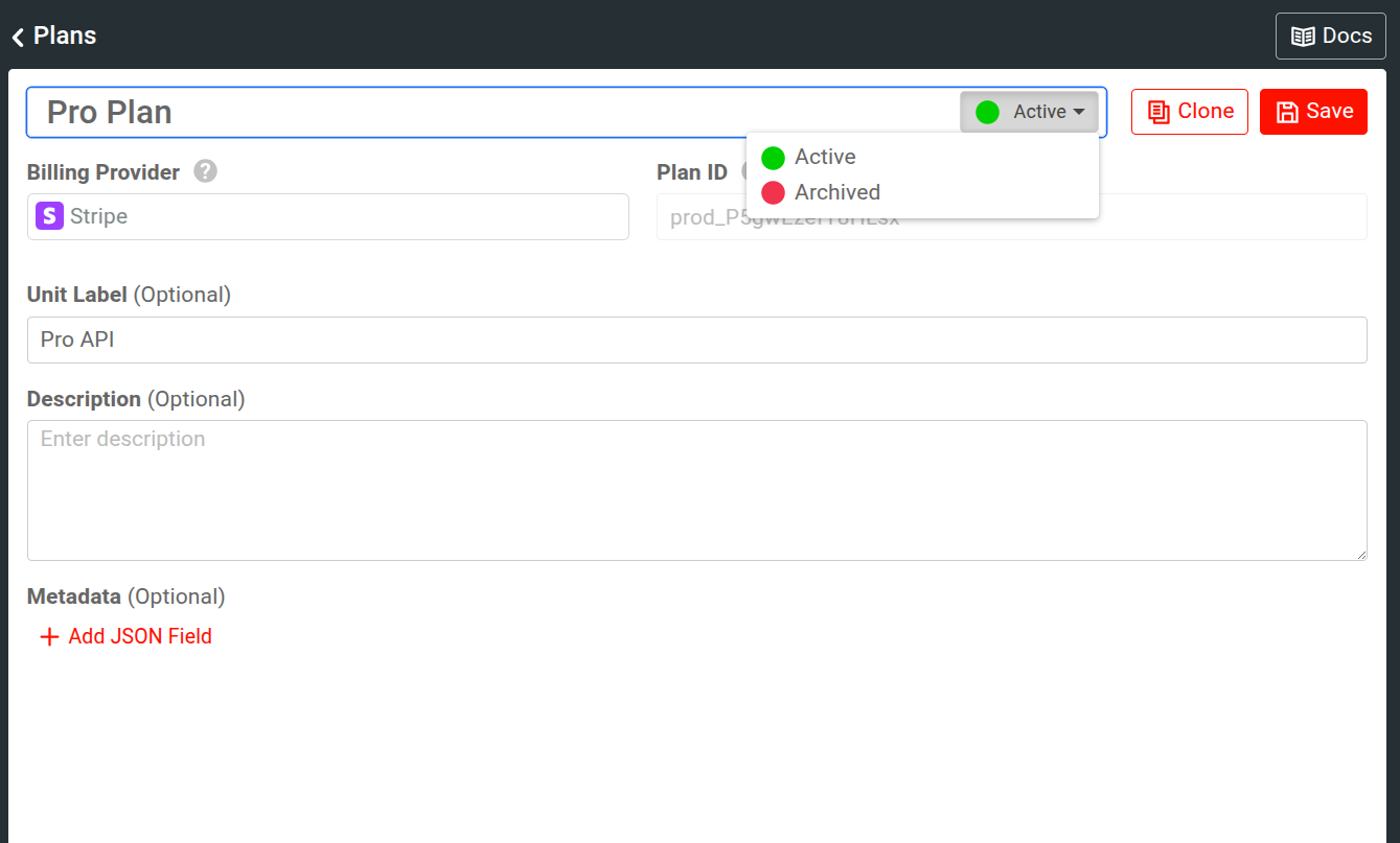 plan status dropdown in Moesif