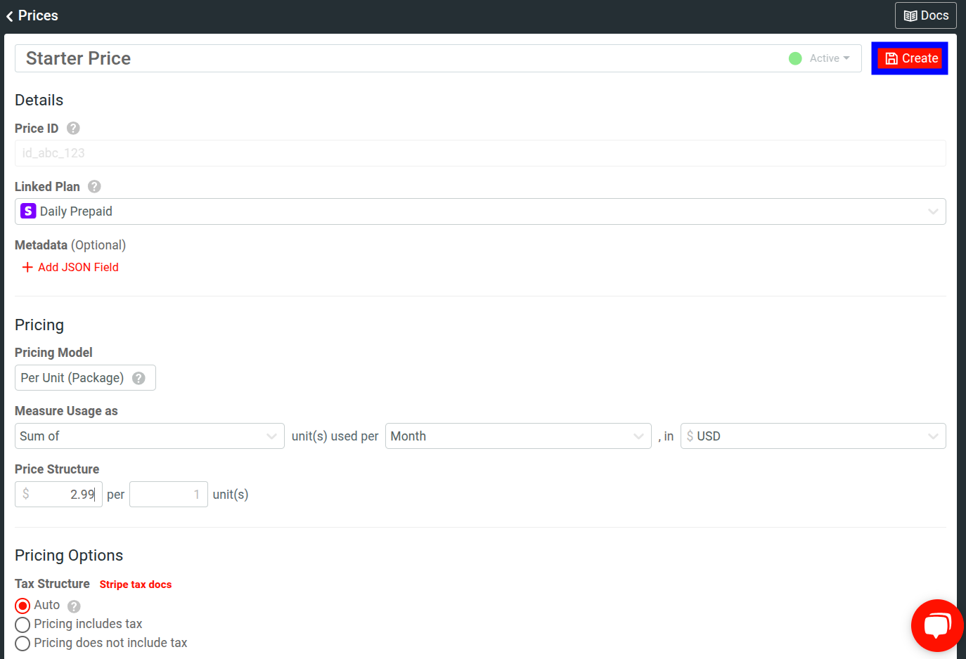 Create price button in Moesif