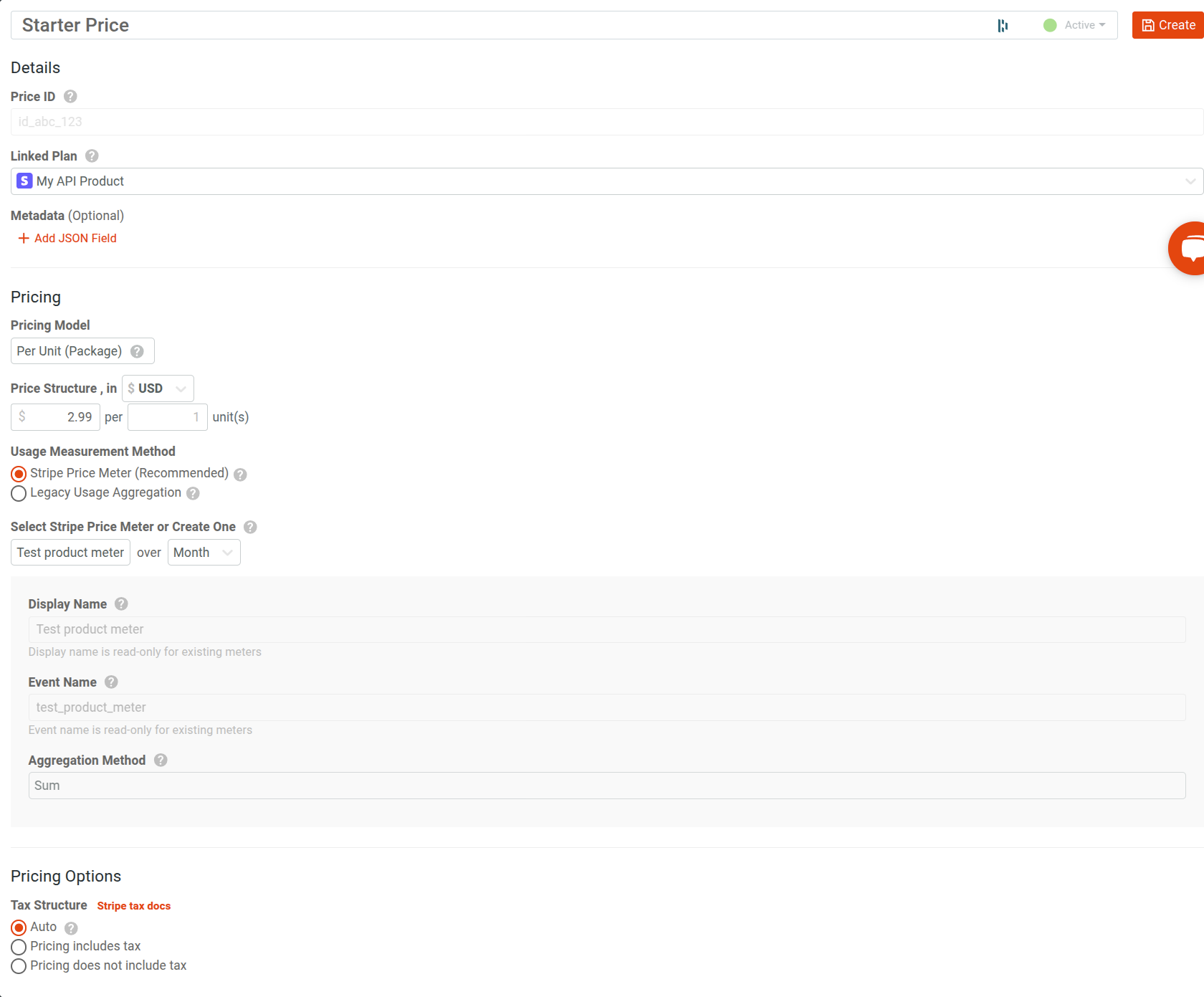 Creatng a price in Moesif Product Catalog with an existing Stripe meter.