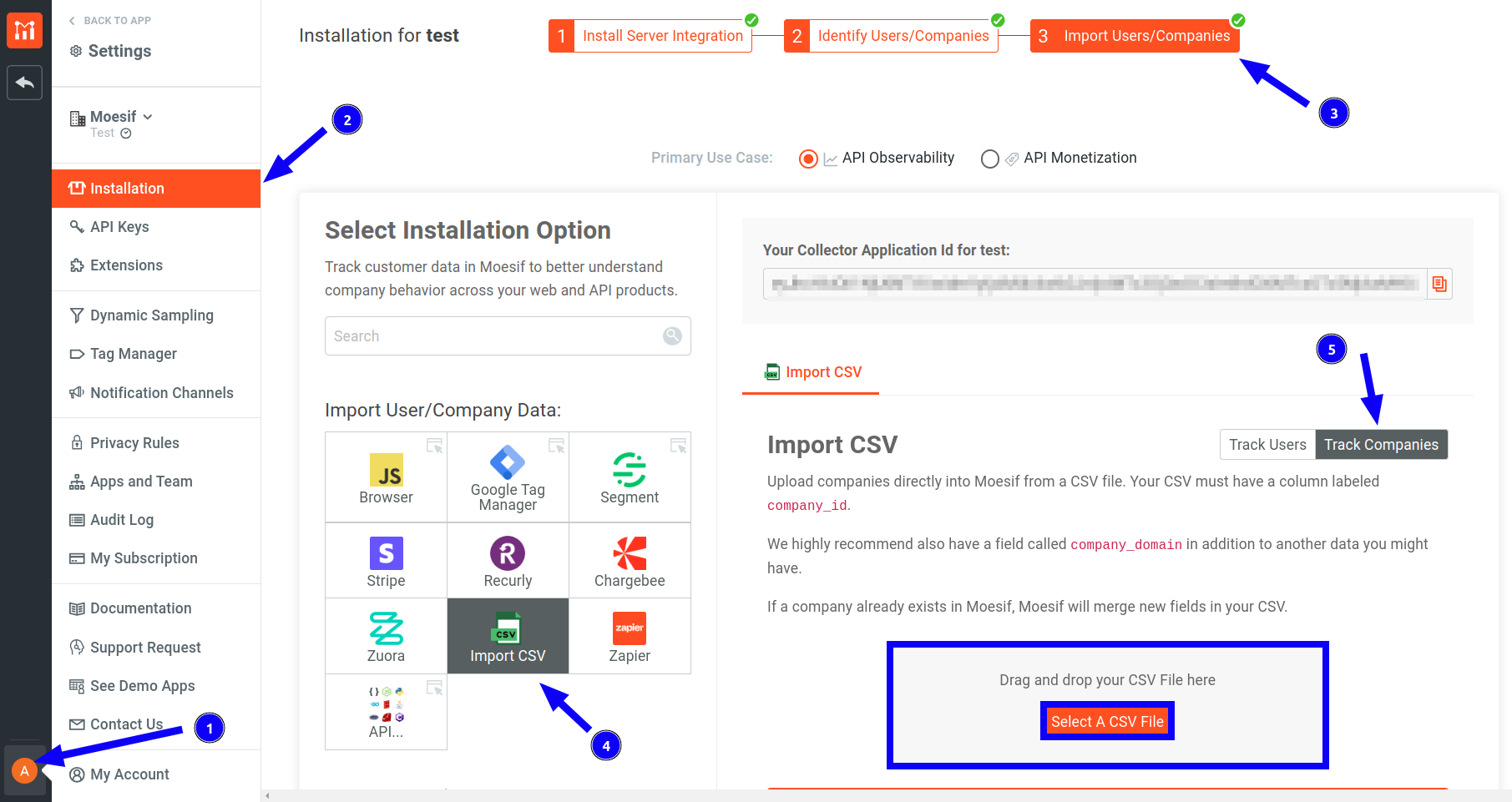 Settings screen showing company csv import