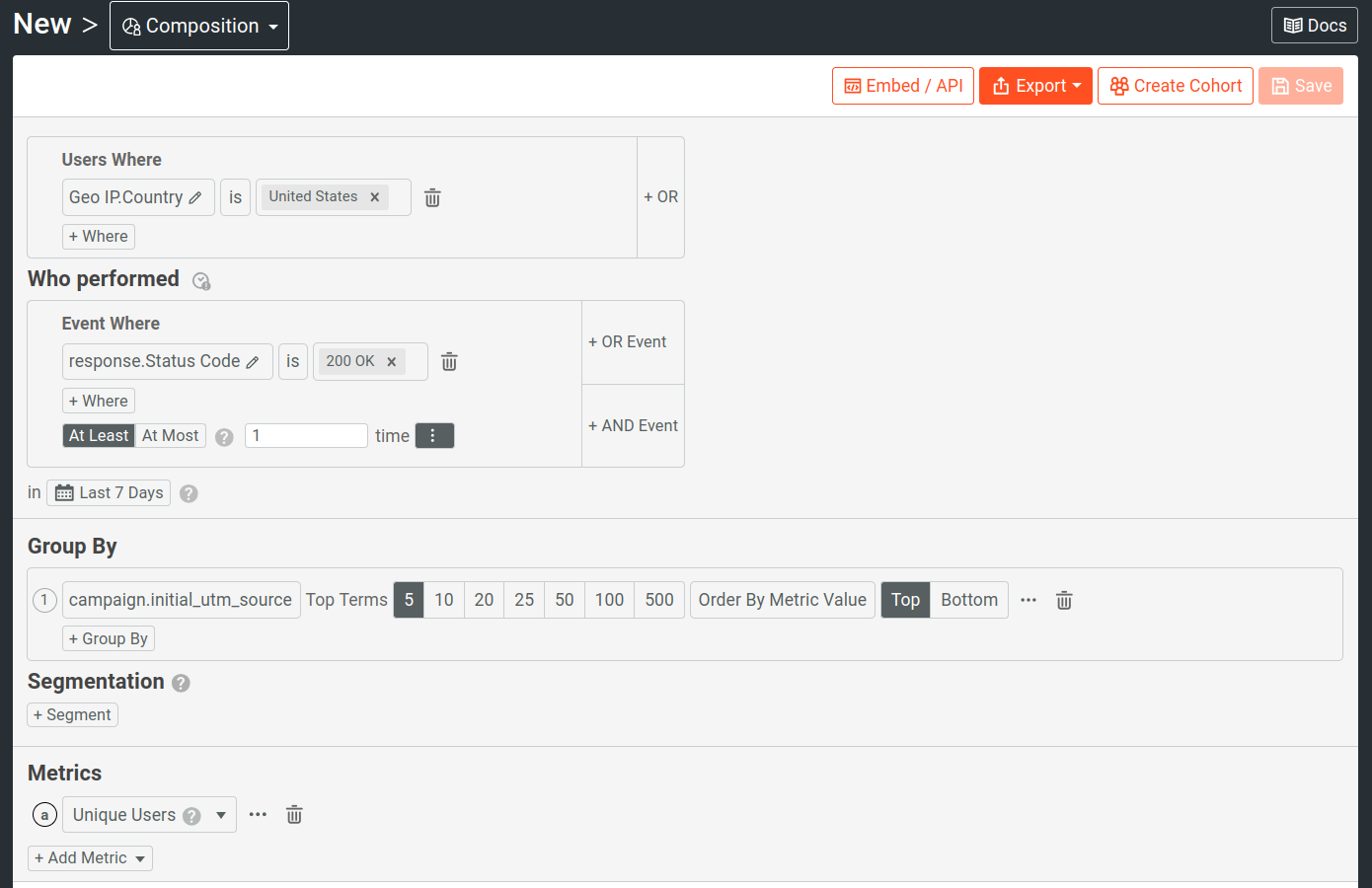 Filters and user properties for the example composition analysis